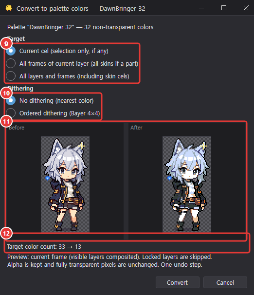 Convert to palette colors dialog: target, dithering, before/after preview, color count