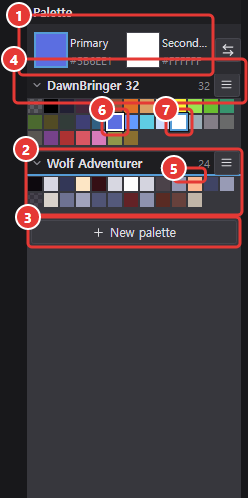 Palette panel: primary/secondary, DB32 and a palette made from the image, New palette button