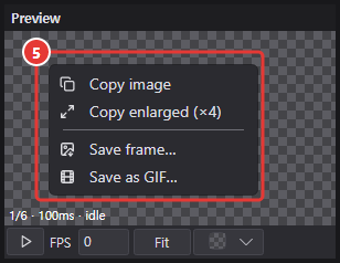 Preview right-click menu: Copy image, Copy enlarged, Save frame, Save as GIF