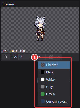 Preview background list: checker, black, white, gray, green, custom color