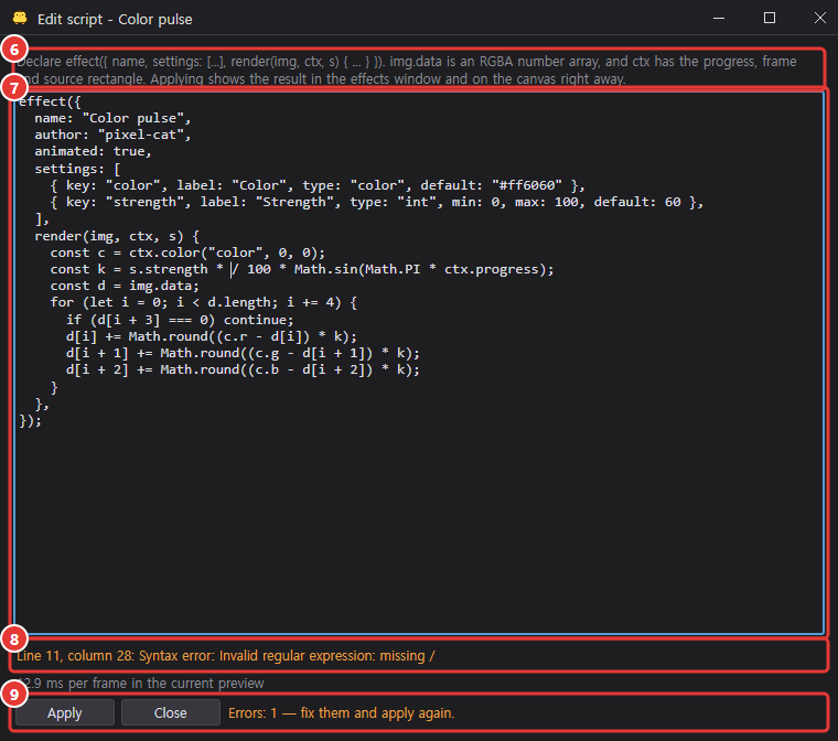 Script editor: declaration hint, source, error list with line and column, Apply and Close buttons