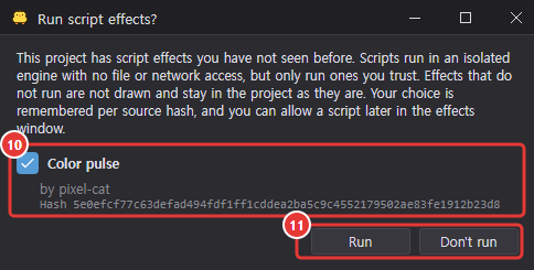 Run script effects window: checkbox, name, author and hash for each script, Run and Don't run buttons