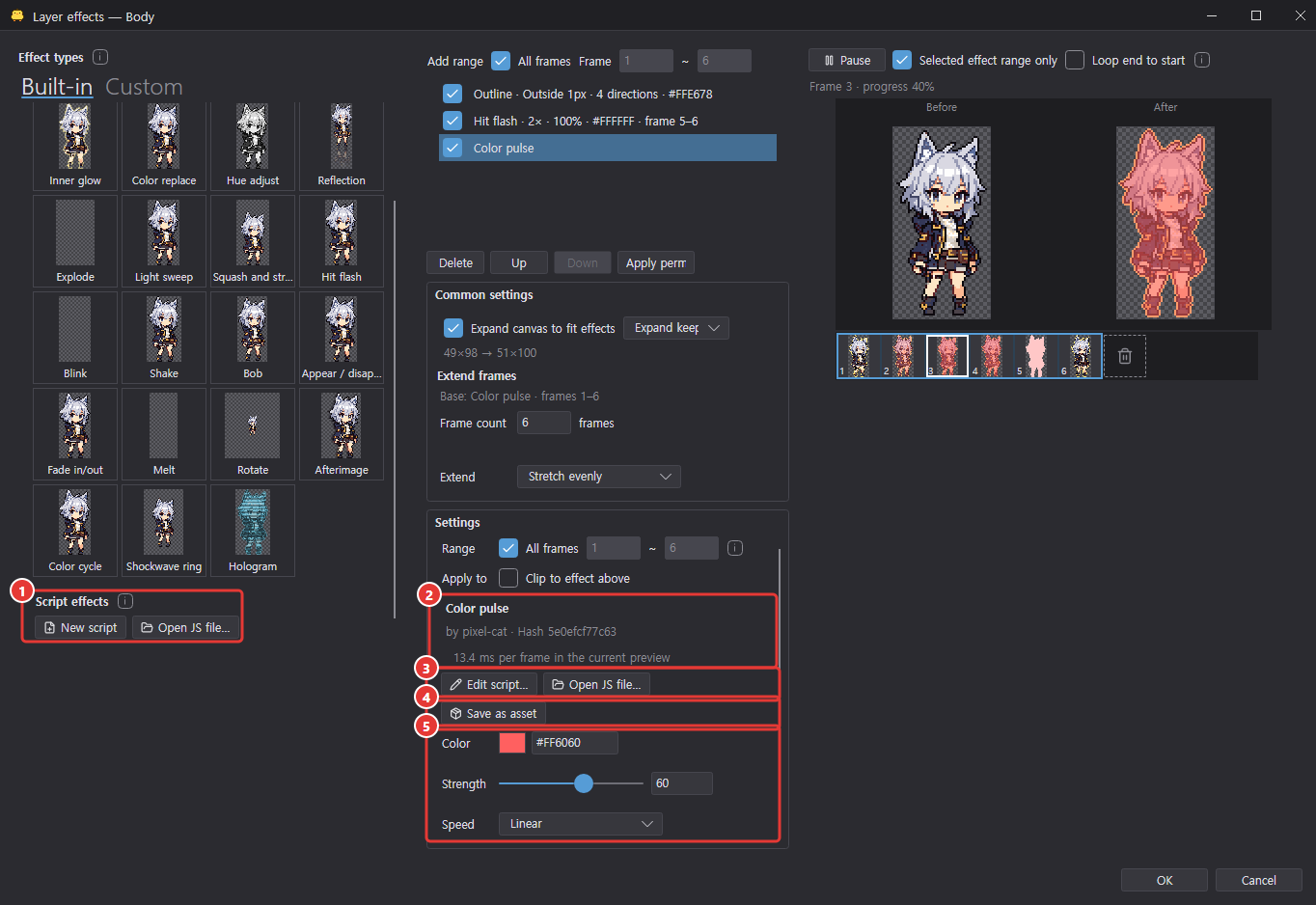 Effects dialog with a script effect selected: the Script effects group at the bottom of the Built-in tab, and the name, status line, edit buttons, Save as asset and settings in the settings panel