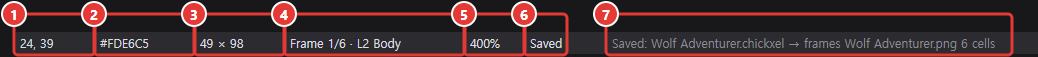 Status bar: coordinates, color, size, frame/layer, zoom, save state, hints