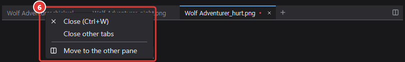 Tab right-click menu: Close, Close other tabs, Move to the other pane