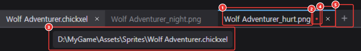 Document tab strip: tab title, red dot, full path tooltip, close X, new tab