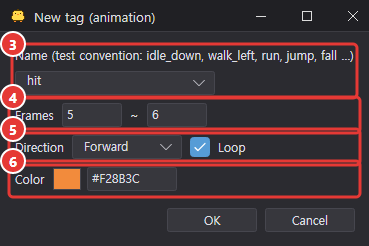 New tag dialog: name hit, frames 5–6, direction Forward, Loop, color