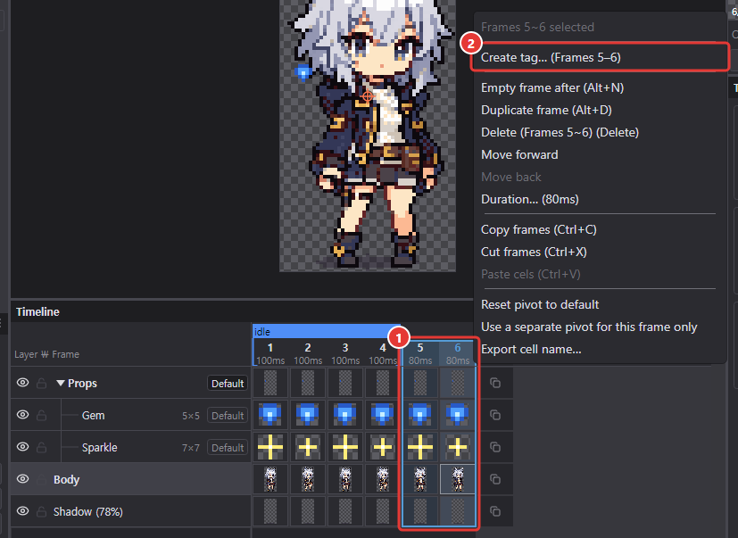 Frames 5 and 6 selected, Create tag in the frame header menu