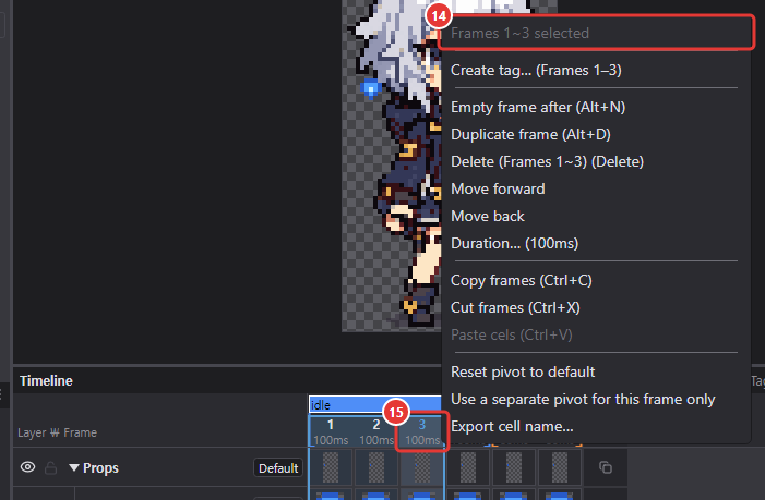 Frames 1 to 3 selected, right-click menu of the frame 3 header
