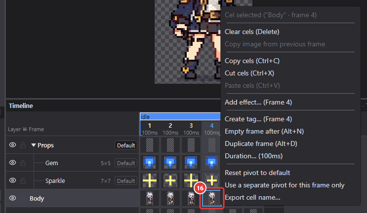 Right-click menu of a cel with an image (Body layer, frame 4)
