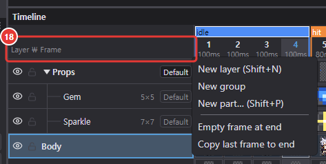 Create-new menu from right-clicking the empty top-left cell of the timeline