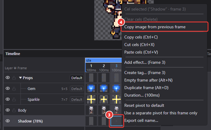 Right-click menu of an empty cel (Shadow, frame 3)