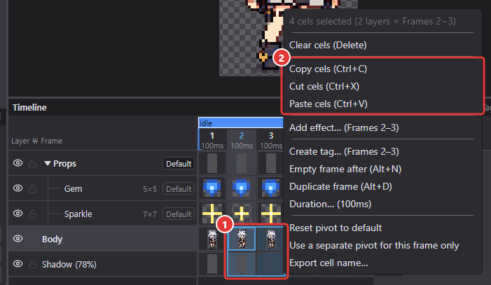 Right-click menu of a block of cels (Body and Shadow × frames 2–3)