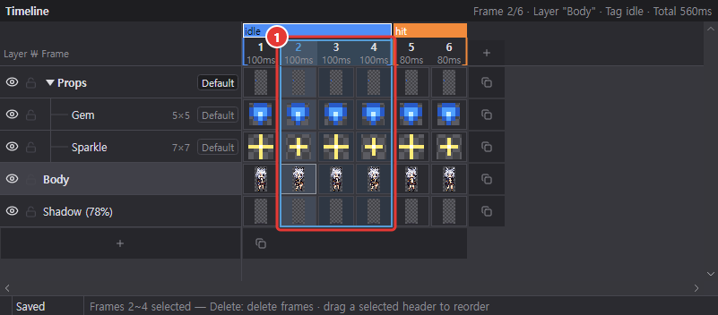 Timeline with frames 2 to 4 selected, and the status bar