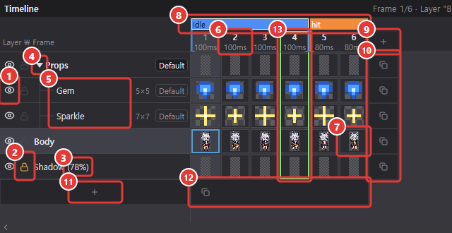 Timeline: layer rows (a group with parts, the locked Shadow layer), six frames, tags idle and hit, frame 4 playing