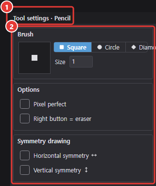 Tool options panel for the Pencil