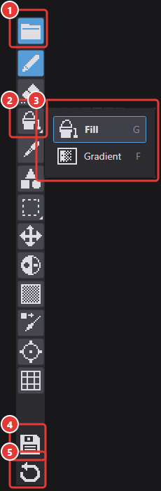 Toolbar: folder button, the fill slot expanded by right-click, Save and Revert buttons
