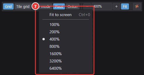 Zoom box right-click list: Fit to screen and 100%–6400%