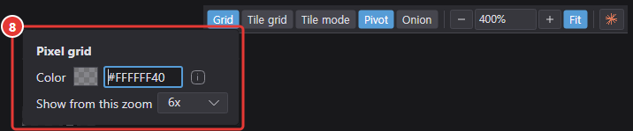 Grid button right-click popup: color and the zoom it appears from