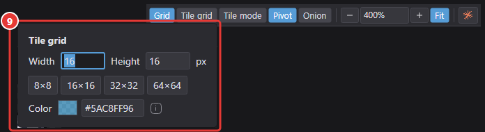Tile grid button right-click popup: width, height, 8×8–64×64 and color
