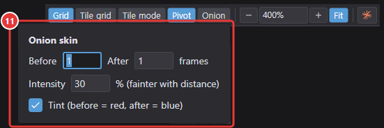 Onion button right-click popup: previous/next frames, intensity and tint