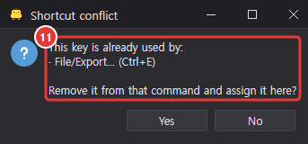 The Shortcut conflict prompt after pressing Ctrl+E for Export as animated GIF: the key is already used by File/Export…, remove it from that command and assign it here? with Yes and No