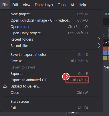 The File menu open: the changed key Ctrl+Alt+G is shown next to Export as animated GIF…