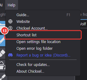 The Help menu open with the Shortcut list item marked