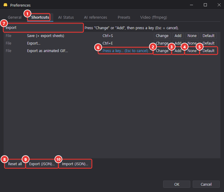 The Shortcuts tab of Preferences: the list filtered by typing export in the search box, the Export as animated GIF row waiting for a key, Change, Add, None and Default buttons on each row, and Reset all, Export (JSON) and Import (JSON) at the bottom