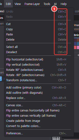 The Edit menu open: the keys to the right of Undo, Redo, Cut, Copy, Paste, Delete, Select all and Deselect