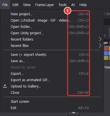 The File menu open: Ctrl+N, Ctrl+O, Ctrl+Shift+O, Ctrl+Shift+U, Ctrl+S, Ctrl+Shift+S, Ctrl+E and Ctrl+W to the right of New project… through Close