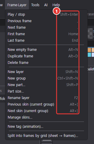 The Frame·Layer menu open: the keys to the right of Play / stop Shift+Enter through Previous and Next skin Alt+[ and Alt+]