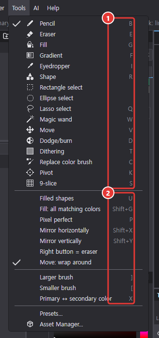 The Tools menu open: tool keys from Pencil B through Shape R to 9-slice S, then Filled shapes U, Fill all matching colors Shift+G, Pixel perfect P, mirror Shift+X and Shift+Y, brush size ] and [, and color swap X