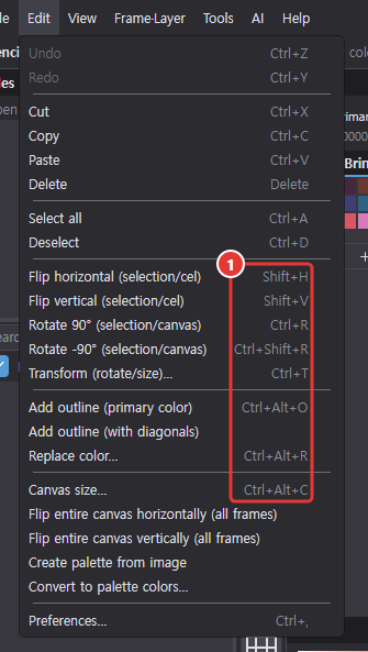 The Edit menu open: the keys to the right of Flip horizontal and vertical, Rotate 90°, Transform, Add outline, Replace color and Canvas size