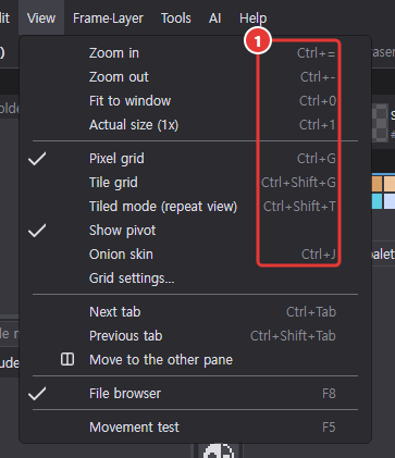 The View menu open: the keys to the right of Zoom in, Zoom out, Fit to window, Actual size, Pixel grid, Tile grid, Tiled mode and Onion skin