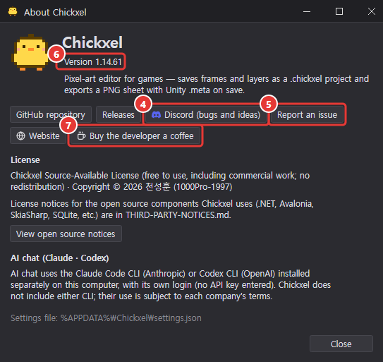 The About Chickxel window: version, the GitHub repository, Releases, Discord and Report an issue buttons, the Website and Buy the developer a coffee buttons, license and AI chat notes