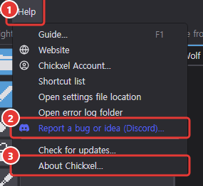 The Help menu open with the Report a bug or idea (Discord)… and About Chickxel… items marked