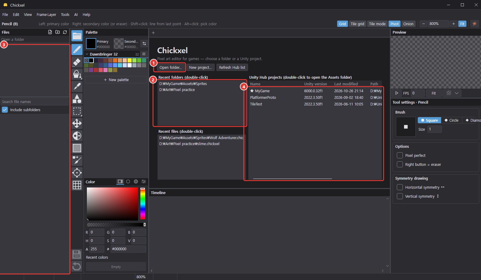 Chickxel's first screen with no document: the start screen in the middle with the Open folder button, recent folders and recent files lists and the Unity Hub project list, and the file browser on the left