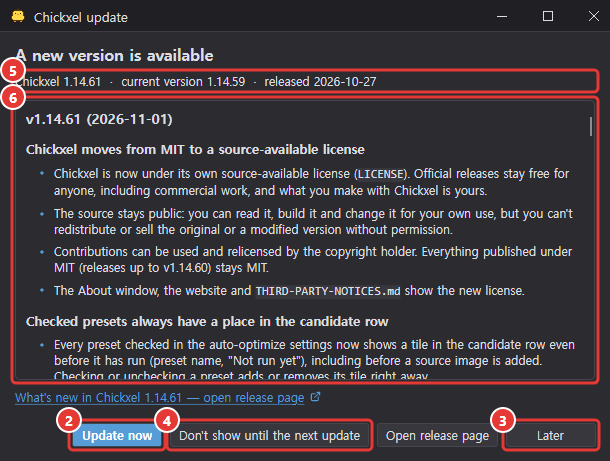 The update dialog: new and current version, the list of changes from the CHANGELOG, and the Update now, Don't show until the next update, Open release page and Later buttons