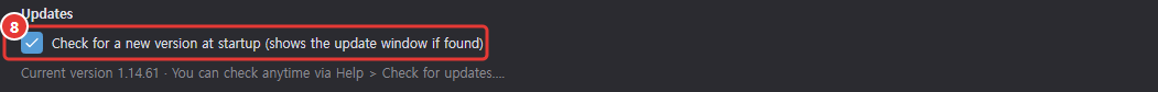 The Updates part of the General tab in Preferences: the Check for a new version at startup checkbox and the current version note