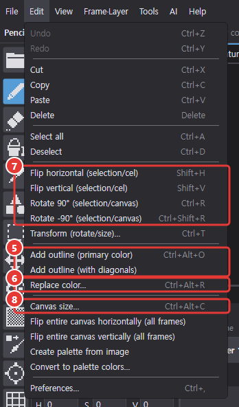 The Edit menu opened