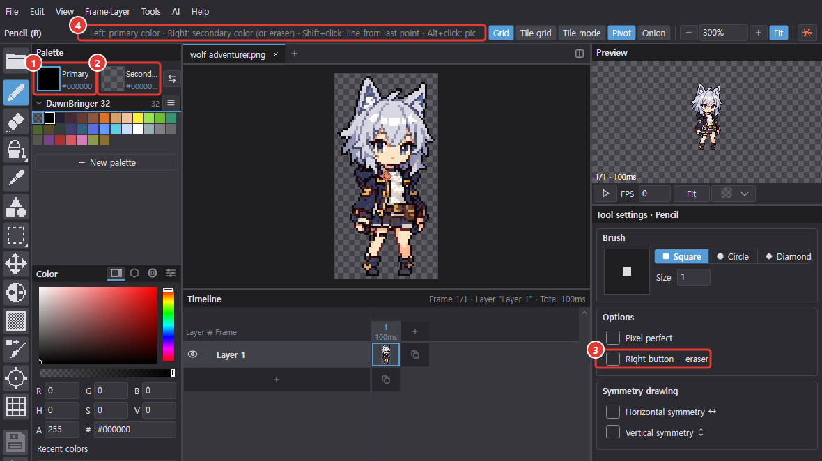 Window with the pencil selected: primary and secondary color slots, the Right button = eraser option and the tool hint in the top bar