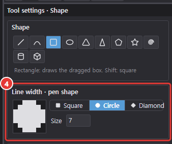 Line width and pen shape settings of the Shape tool