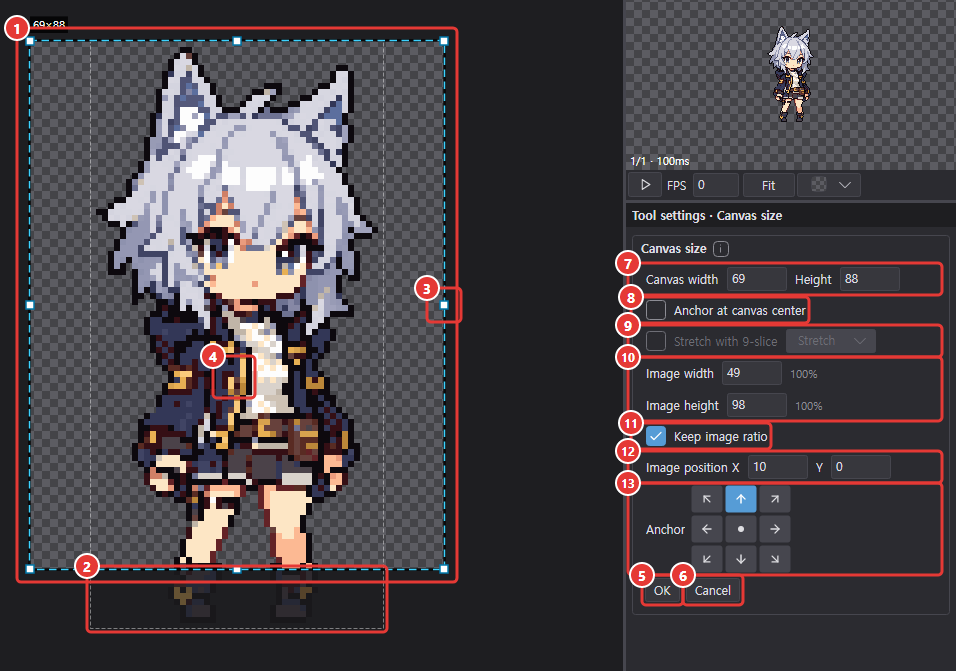 Canvas size mode widening the canvas to 69×88 and cropping the bottom