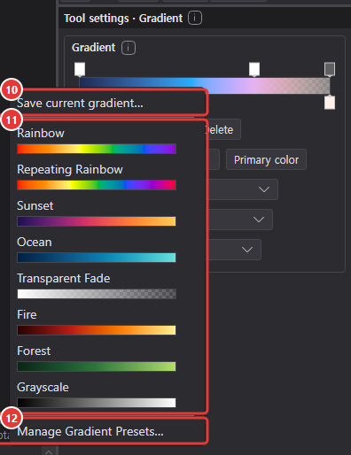Preset menu opened by right-clicking the gradient bar