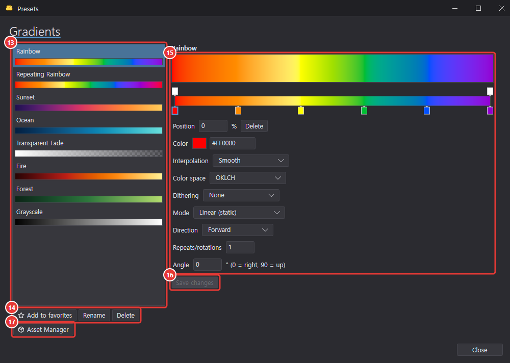 Gradients tab of the Presets window
