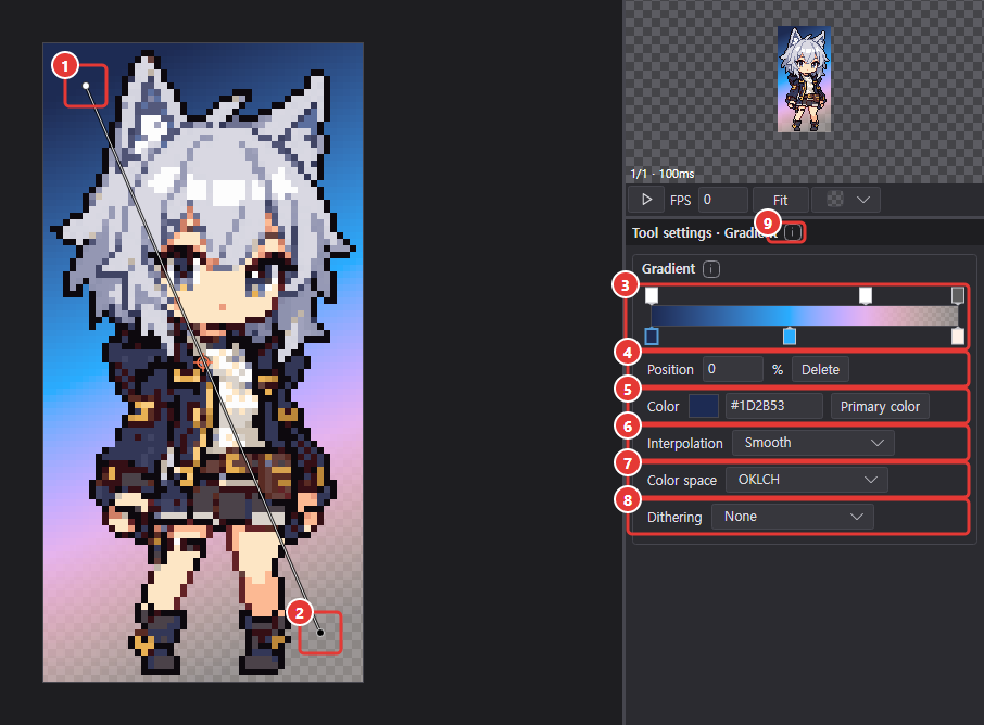 Canvas while dragging a gradient on a new layer under the character, and the gradient tool options