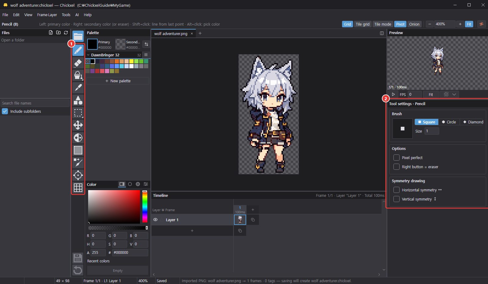 Chickxel window with the pencil selected: the toolbar on the left and Tool options on the right