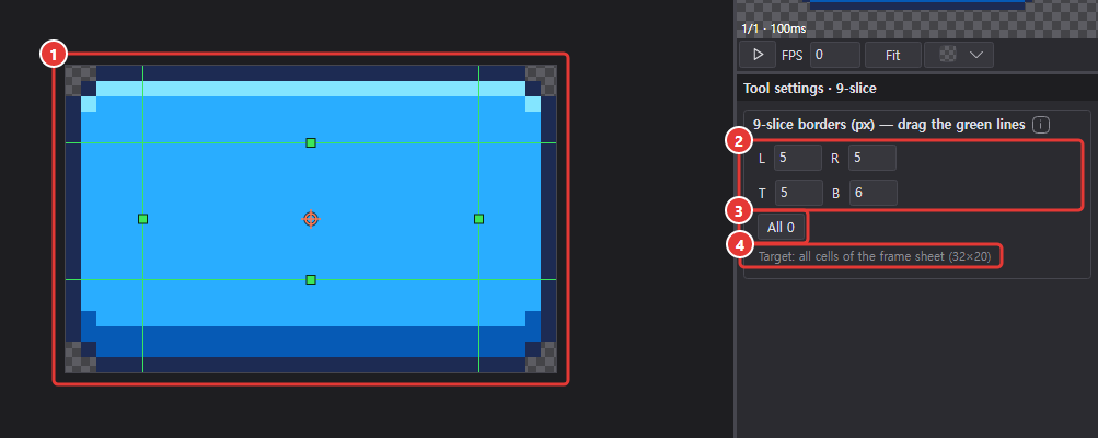 Sample UI button (32×20) with the four green 9-slice lines, and the tool options