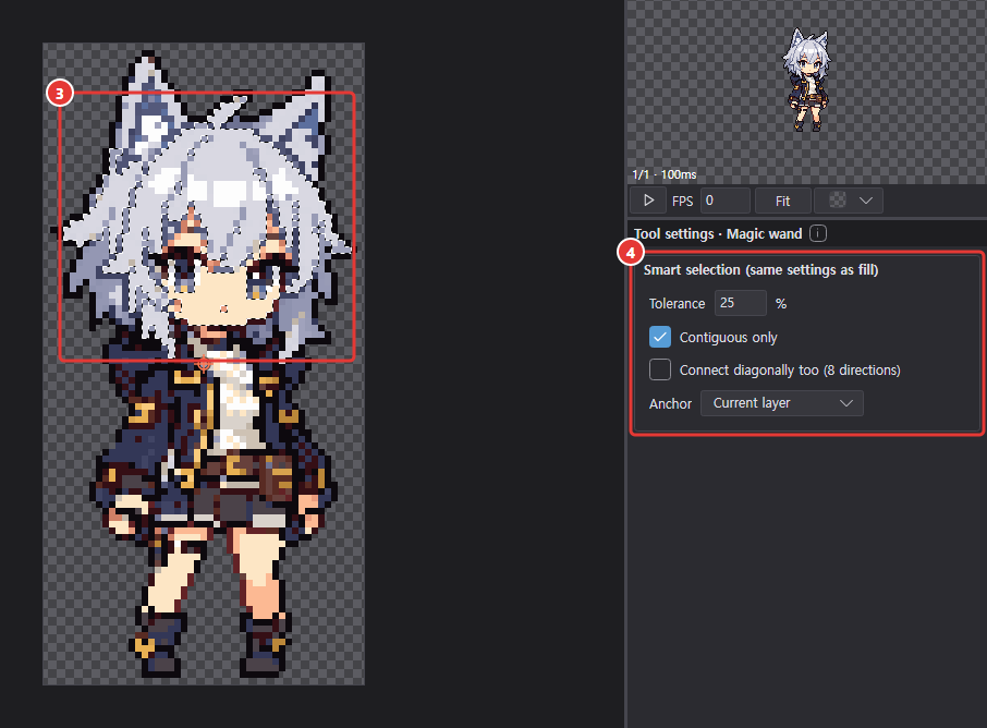 Canvas with the hair selected by the magic wand, and its tool options